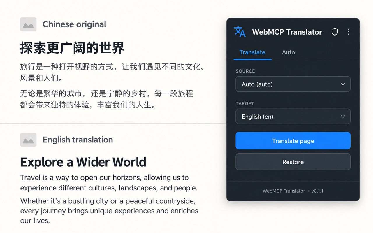 Illustrative extension popup showing a Chinese webpage and English translation controls